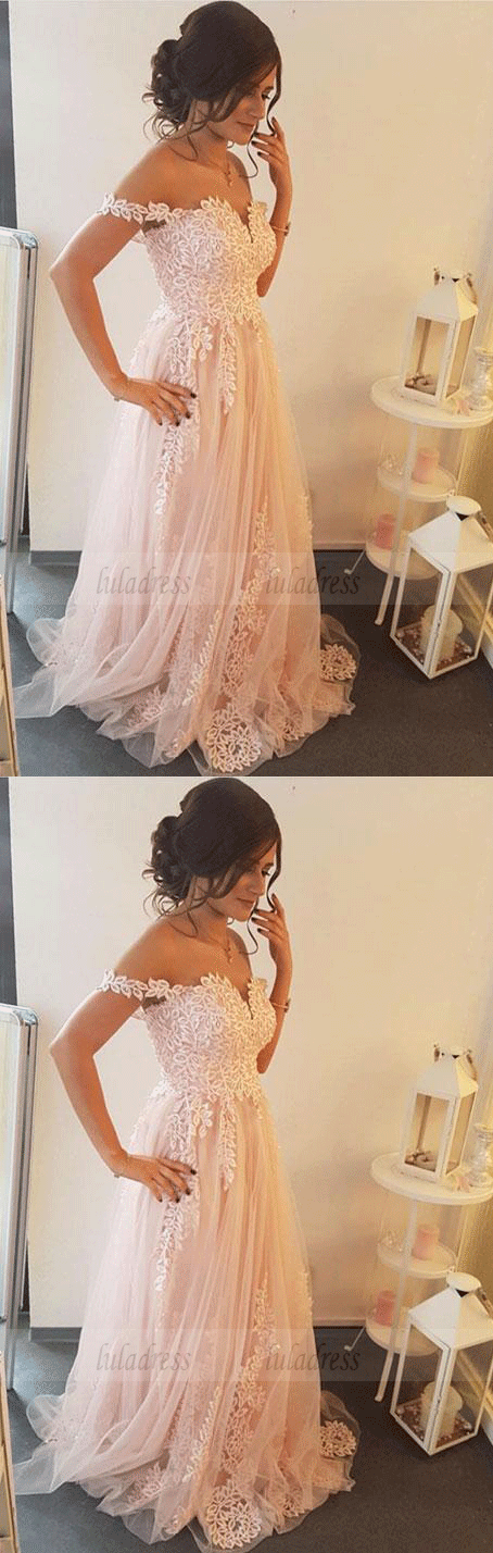 Applique Long Prom Dress,Off The Shoulder Tulle Evening Dress