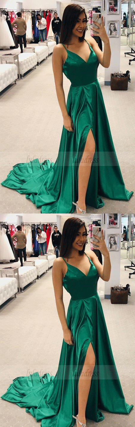 straps v neck long prom dress with side slit