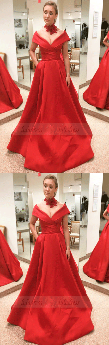 Off the Shoulder Red Prom Dresses with Pockets,Red Quinceanera Dress for Junior