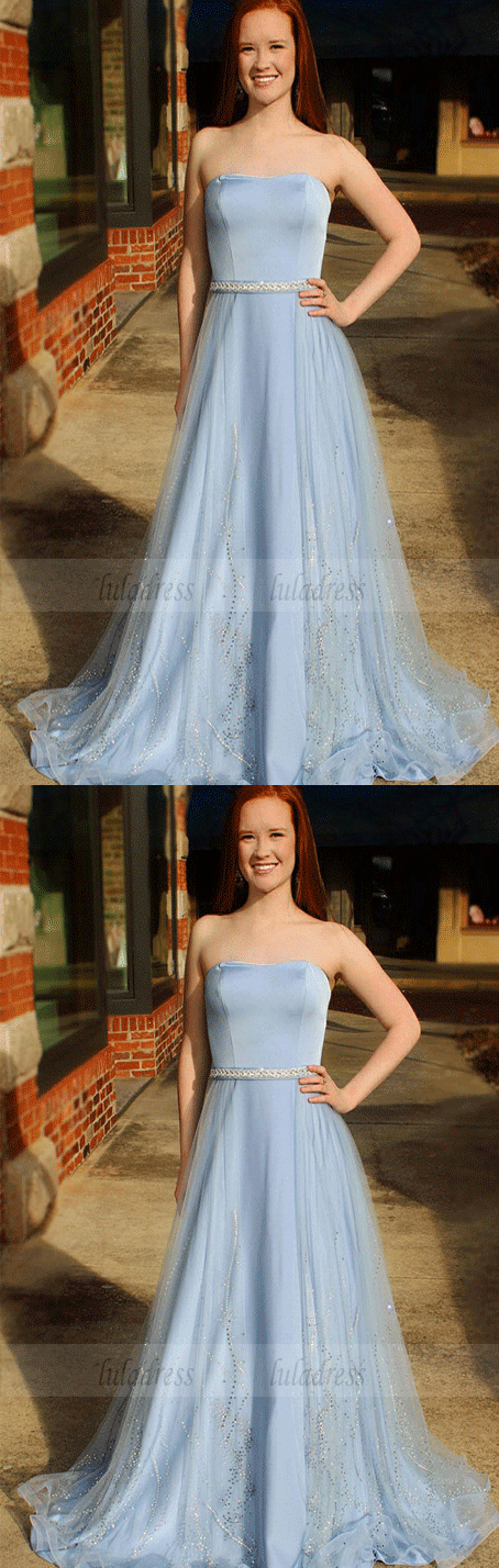 A-Line Sweetheart Sweep Train Blue Tulle Sleeveless Prom Dress with Beading Sequins