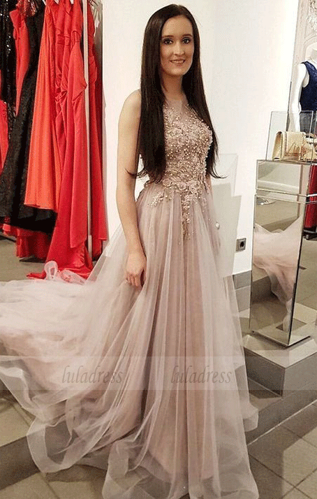 Nude Organza Prom Dresses Long Lace Applique Beaded Evening Gowns