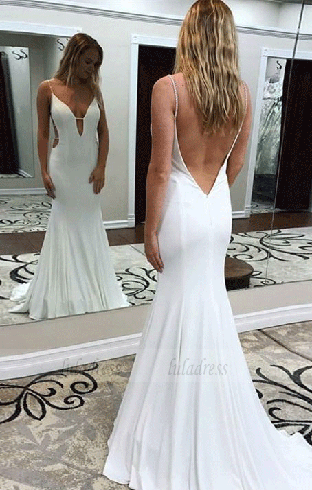 Sexy V Neck Mermaid Formal Evening Gown,White Backless Party Dress