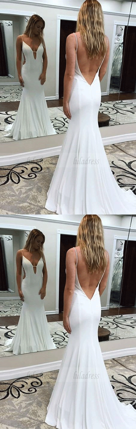 Sexy V Neck Mermaid Formal Evening Gown,White Backless Party Dress