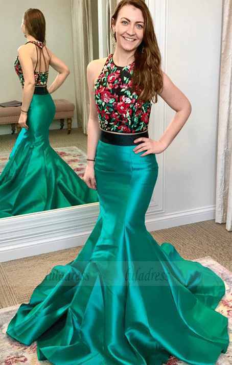 Two Piece Round Neck Sweep Train Green Prom Dress with Embroidery