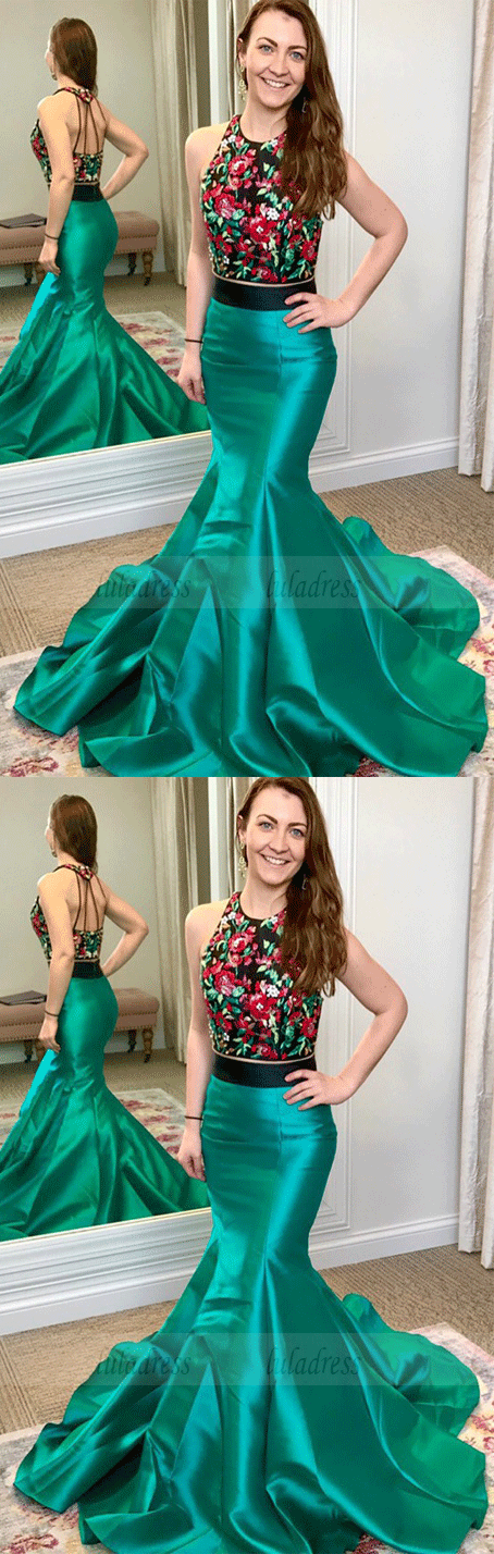 Two Piece Round Neck Sweep Train Green Prom Dress with Embroidery