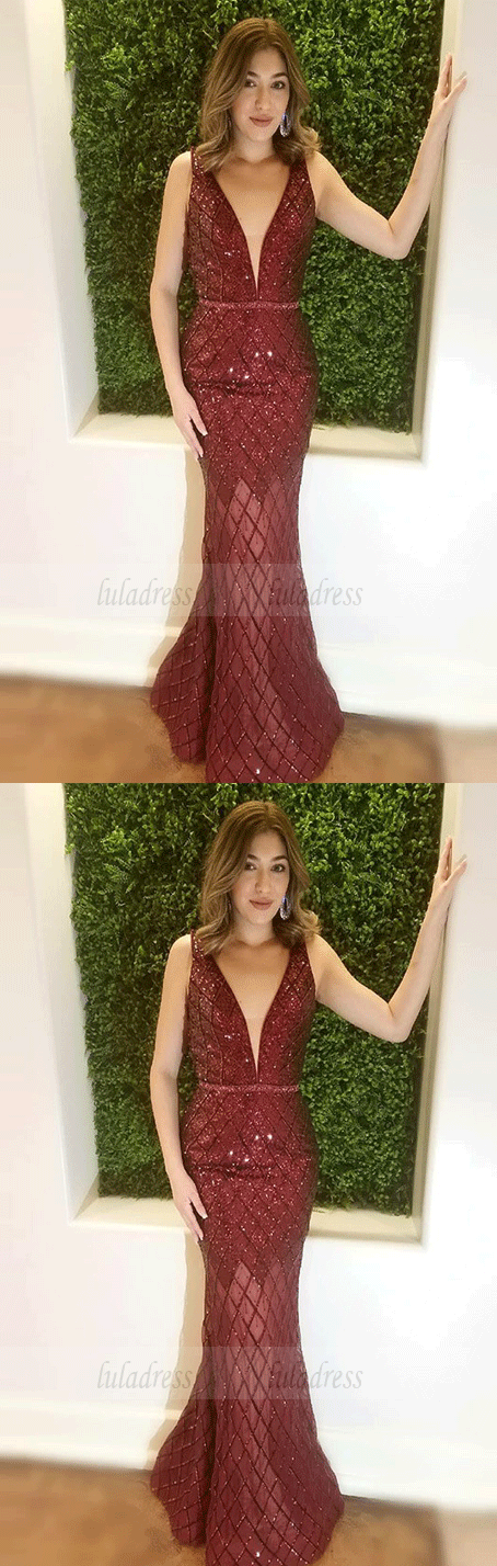 Mermaid Deep V-Neck Long Burgundy Prom Dress with Sequins