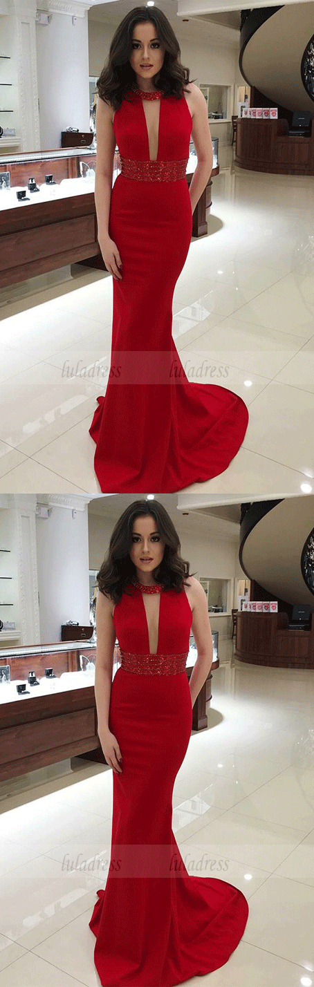 Mermaid Round Neck Red Long Prom Dress with Sequins Keyhole