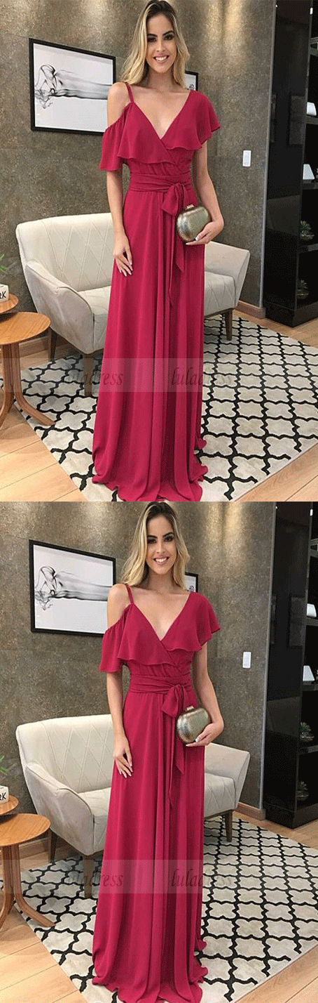A Line One Shoulder Chiffon Long Cap Sleeveless Prom Dresses