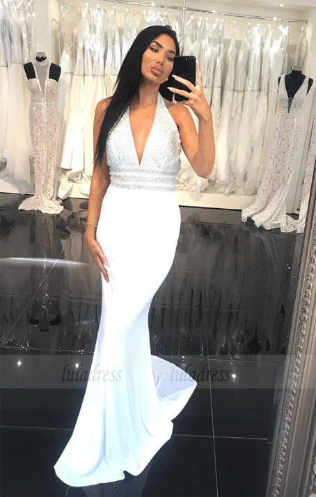 V Neck Backless Elastic Satin Beading White Long Prom Dresses V Neck Backless Elastic Satin Beading White Long Prom Dresses