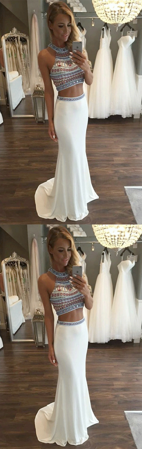 Two Piece Jewel Sweep Train White Stretch Satin Prom Dress with Beading