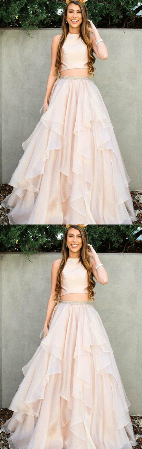 Two Piece Chiffon Prom Dress with Beading Ruffles