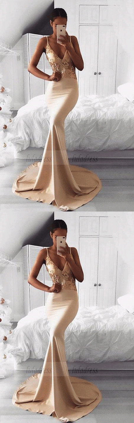 v neck long prom dress, mermaid evening dress