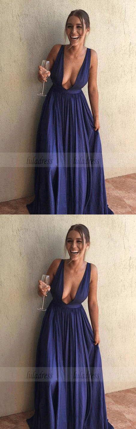 Simple Deep V-Neck Navy Blue Satin Long Prom Dress with Sweep Train