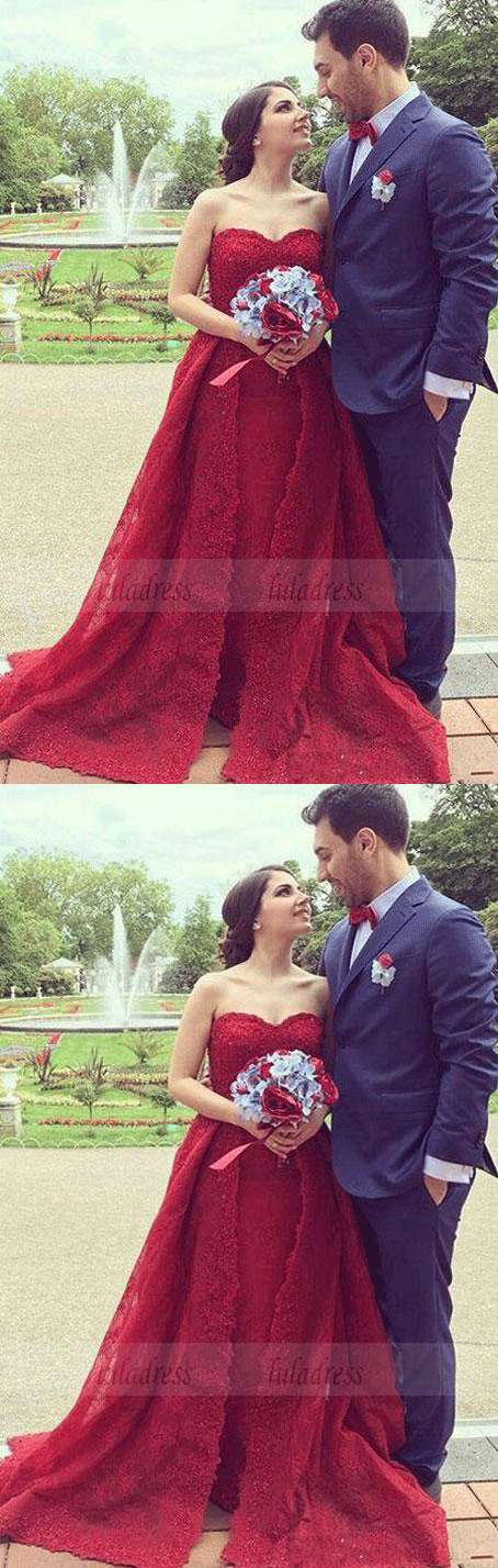 Charming A-Line Sweetheart Red Split Tulle Long Evening/Wedding Dress with Lace