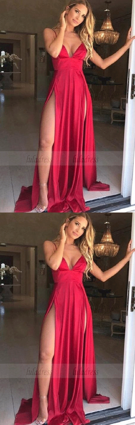simple red stain long prom dresses for teens, sexy spaghetti straps high split prom party dress