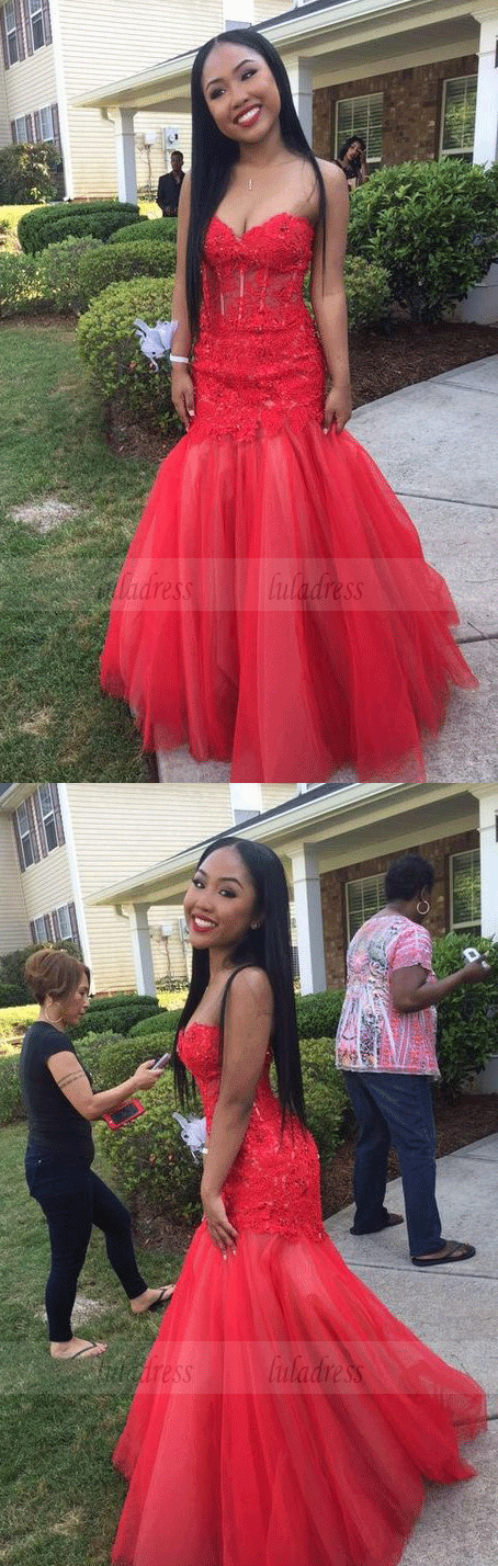 Red Prom Gown,Lace Prom Gowns