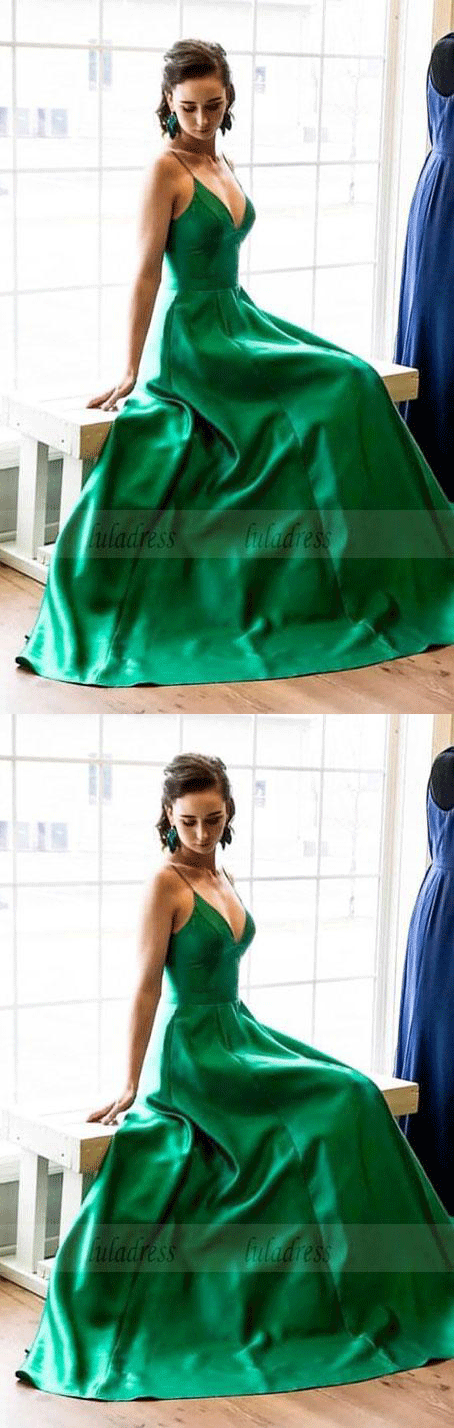 straps long prom dress, prom dress, simple A-line green long party dress