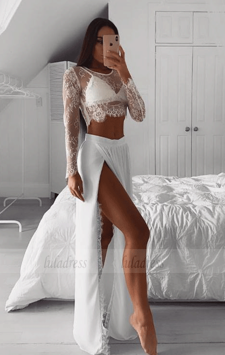 long sleeve white two piece prom dress Ombreprom Homecoming Dress Ivory Two Piece Long Sleeves A Line Tulle Party Dress