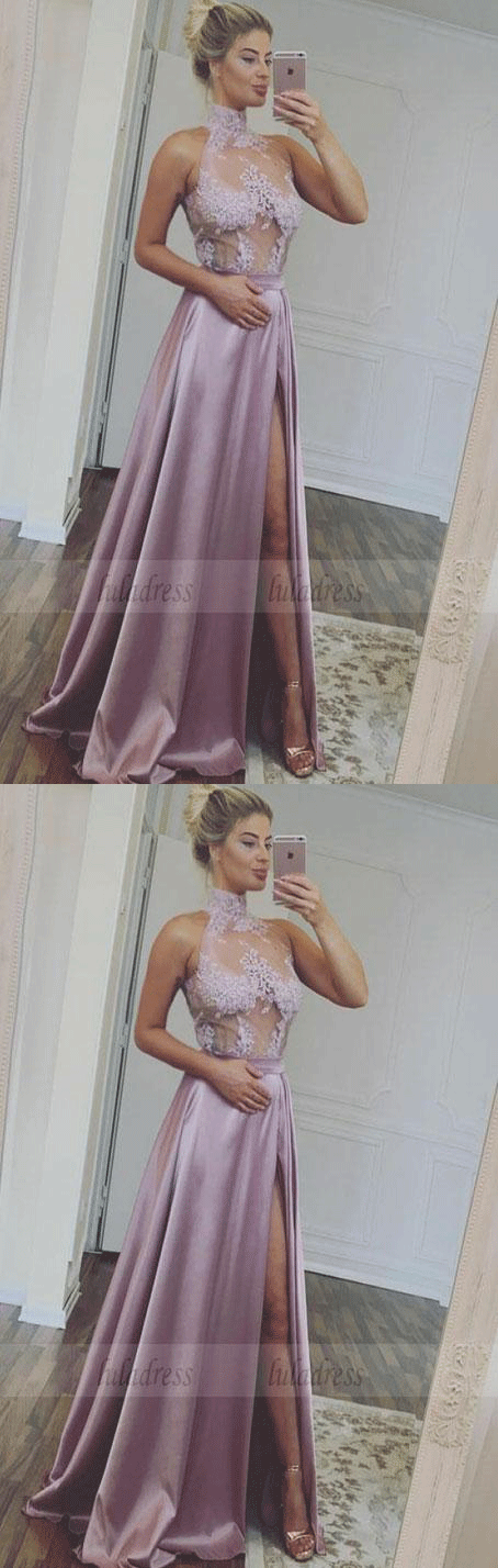 Charming Prom Dress,satin Prom Dress, Appliques Prom Dress,High-Neck Evening Dress