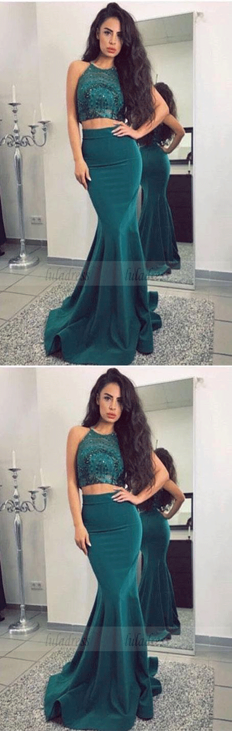 Two-Piece Satin Prom Dress with Beaded Top,Mermaid Long Evening Dress
