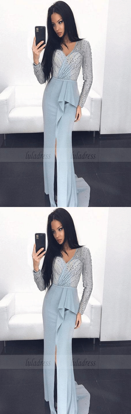 long sleeves sequins and beaded slit prom dress