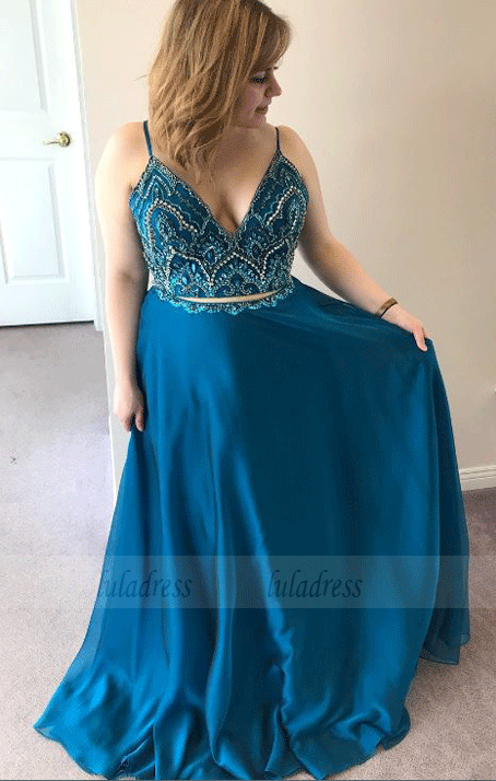 Two Piece Peacock Blue Chiffon Long Prom Dress luladress Two Piece Peacock Blue Chiffon Long Prom Dress luladress
