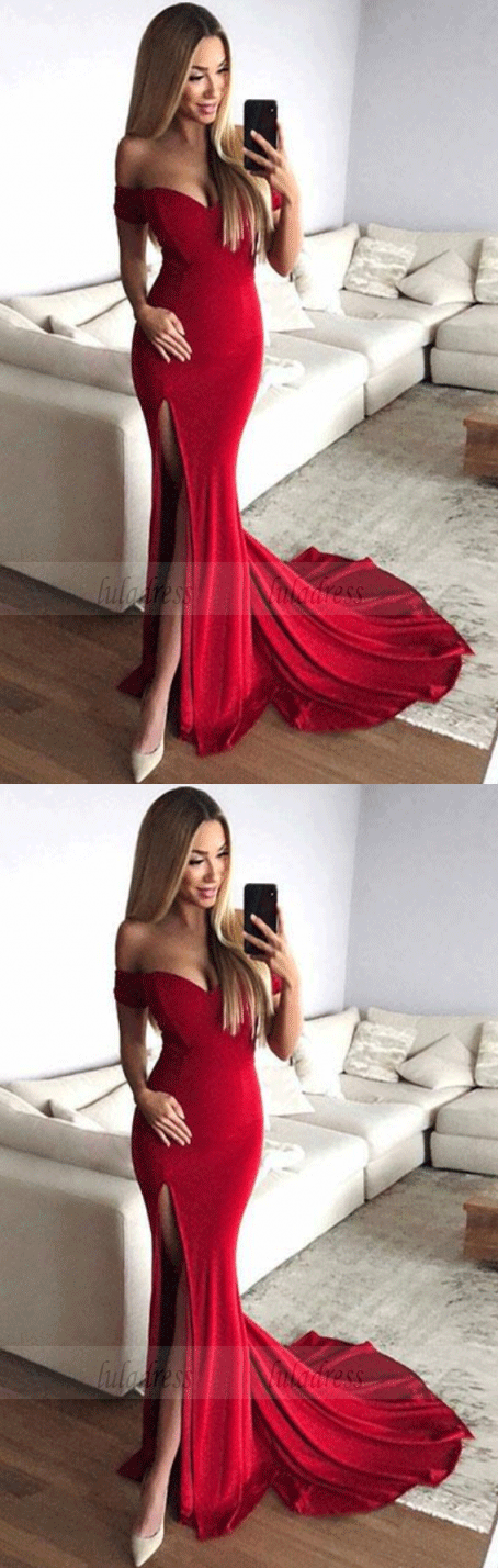 Mermaid Sweetheart Elastic Satin Slit Red Long Prom Dresses