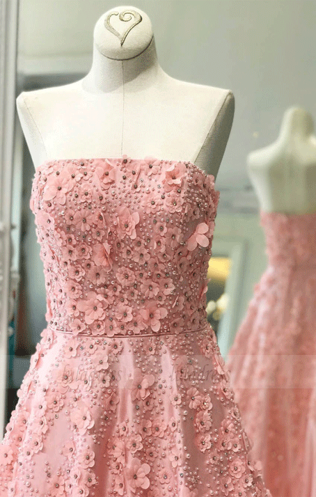 Beaded Appliqued Pink Long Prom Dresses Quinceanera Dress