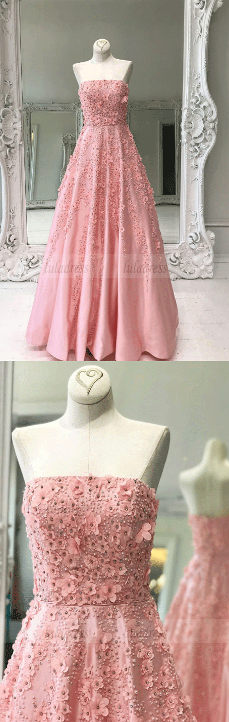 Beaded Appliqued Pink Long Prom Dresses Quinceanera Dress
