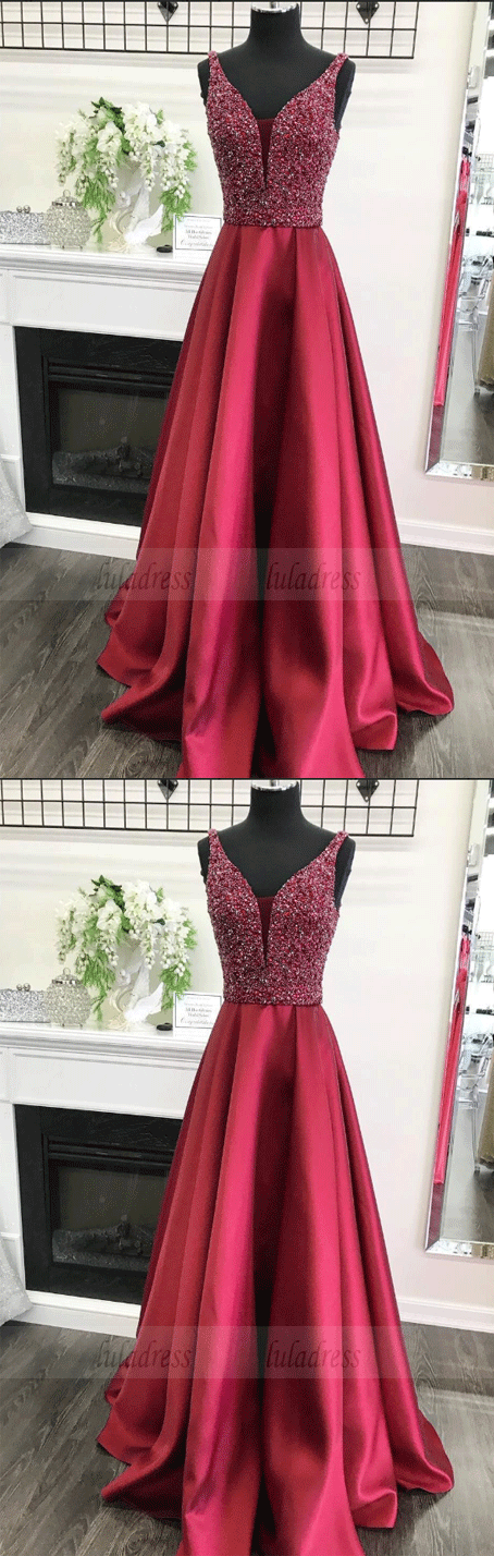 A-line V-neck Beaded Bodice Burgundy Satin Long Prom Dresses