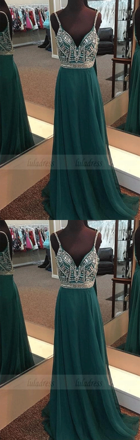 V-neck Spaghetti Strap Chiffon Long Beaded Prom Dresses