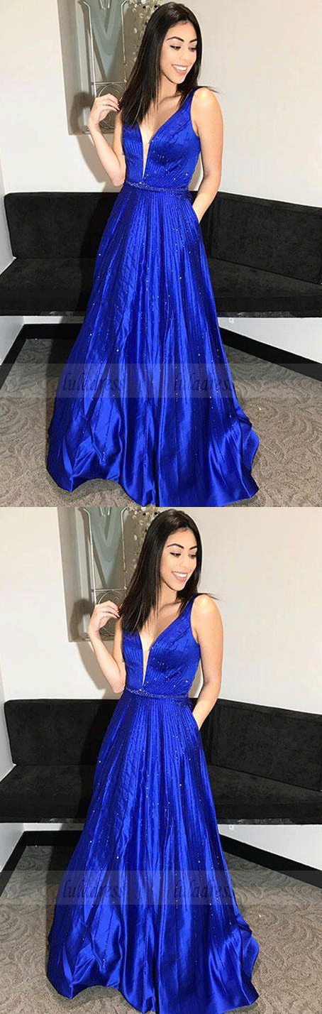 A-Line V-Neck Floor-Length Royal Blue Prom Dress with Beading