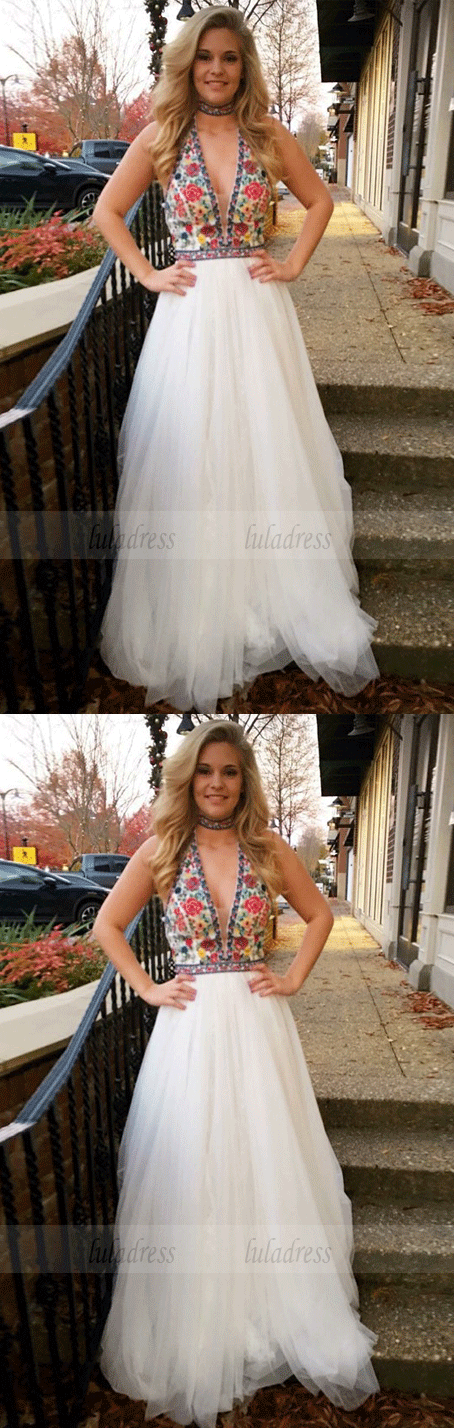 A-Line Deep V-Neck Floor-Length White Prom Dress with Embroidery