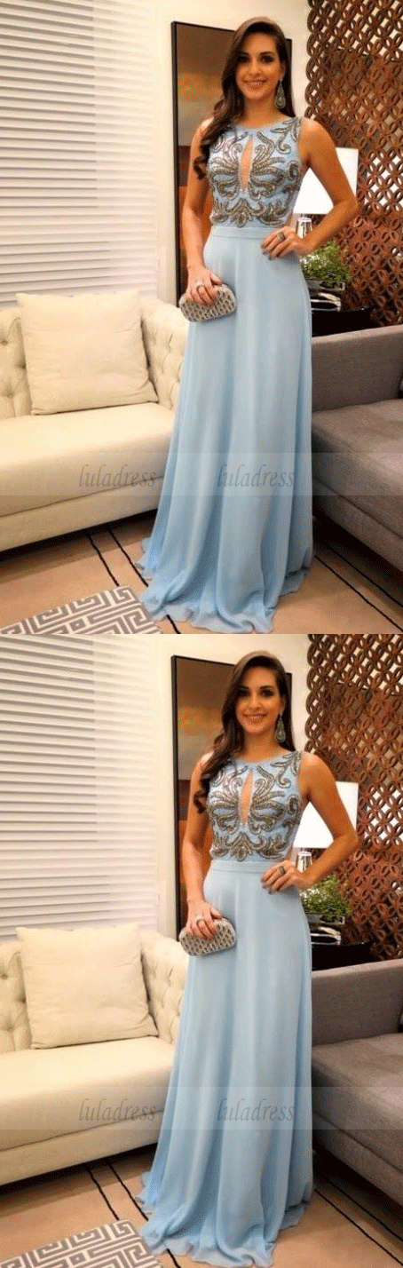 A-Line Round Neck Floor-Length Blue Chiffon Prom Dress with Appliques