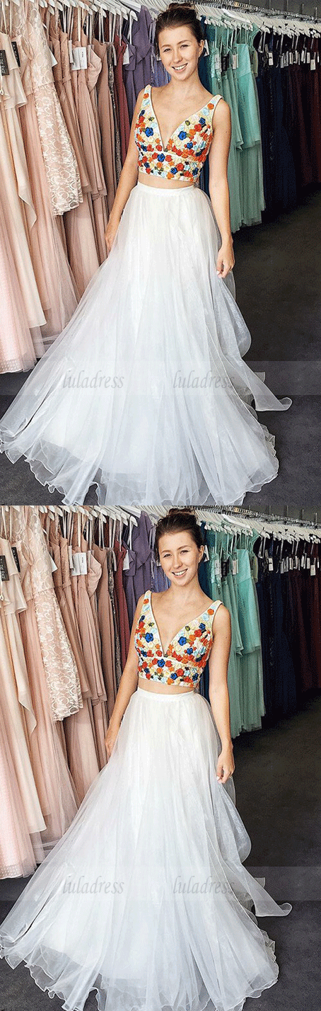 A-Line V-Neck Floor-Length White Prom Dress with Embroidery