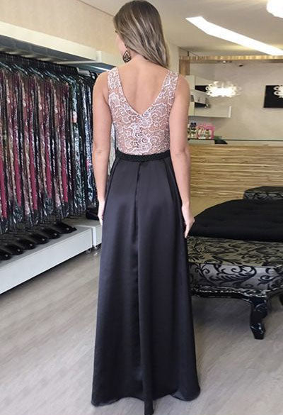 A-Line Long Black Satin Prom Dresses with Beading Lace Pleats