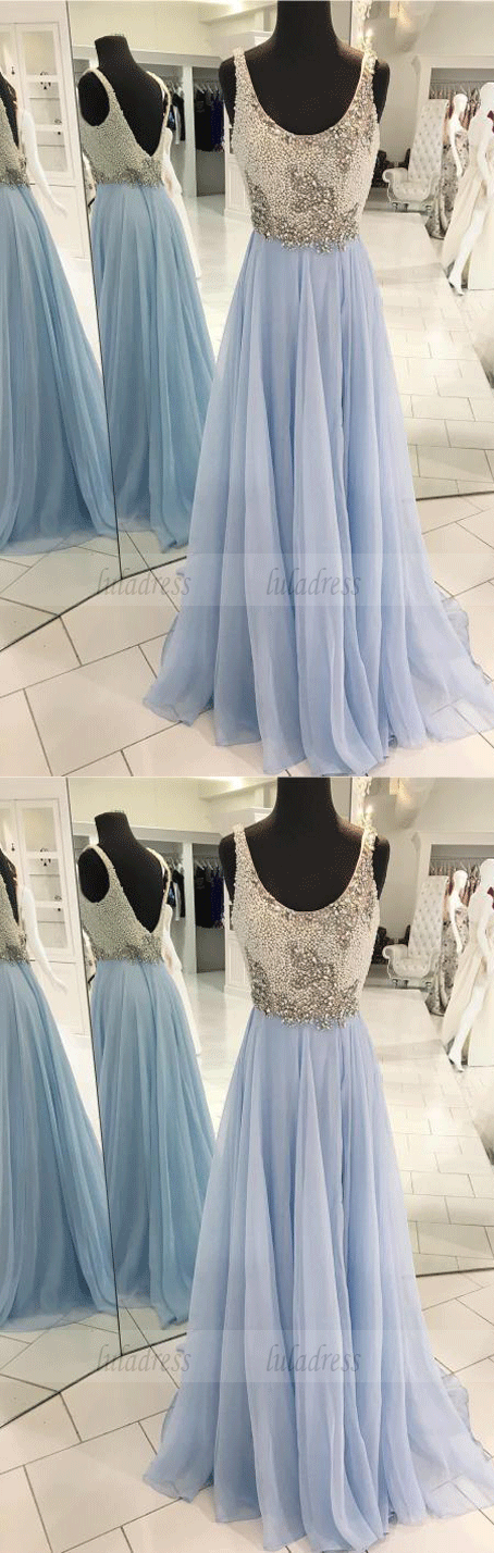 A-Line Scoop Sweep Train Chiffon Backless Prom Dress with Beading