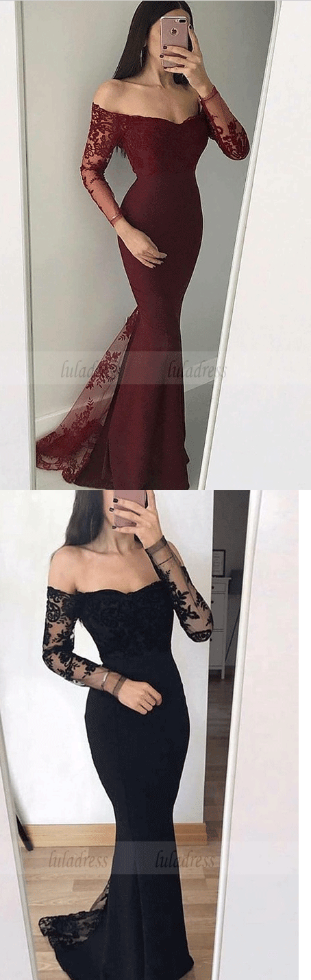 Mermaid Off-the-Shoulder Long Sleeves Black Prom Dress with Appliques