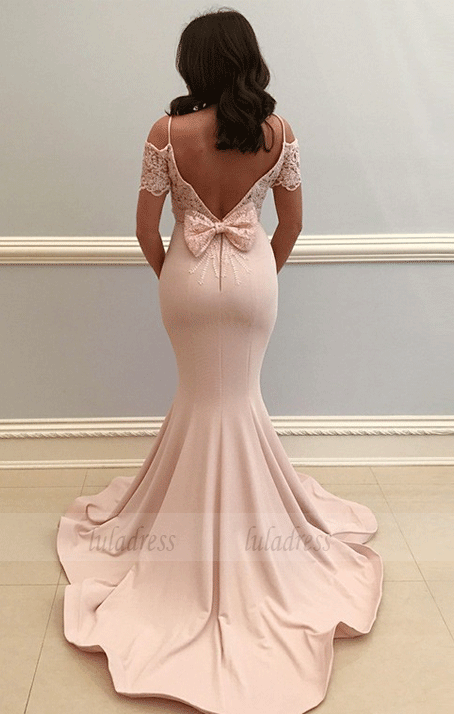 Mermaid Spaghetti Straps Cold Shoulder Pink Prom Dress with Lace