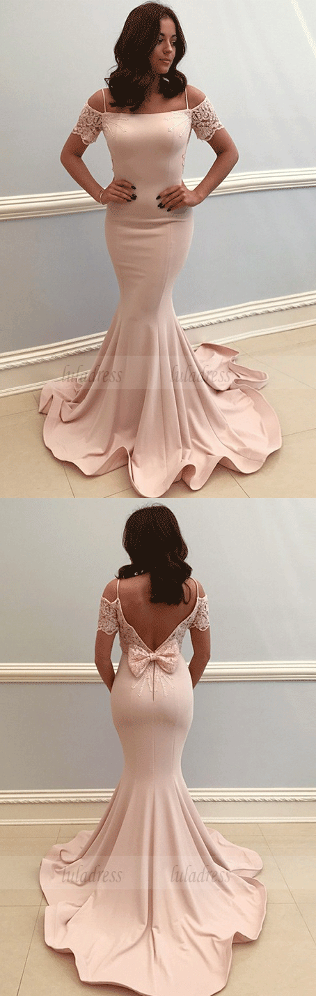 Mermaid Spaghetti Straps Cold Shoulder Pink Prom Dress with Lace