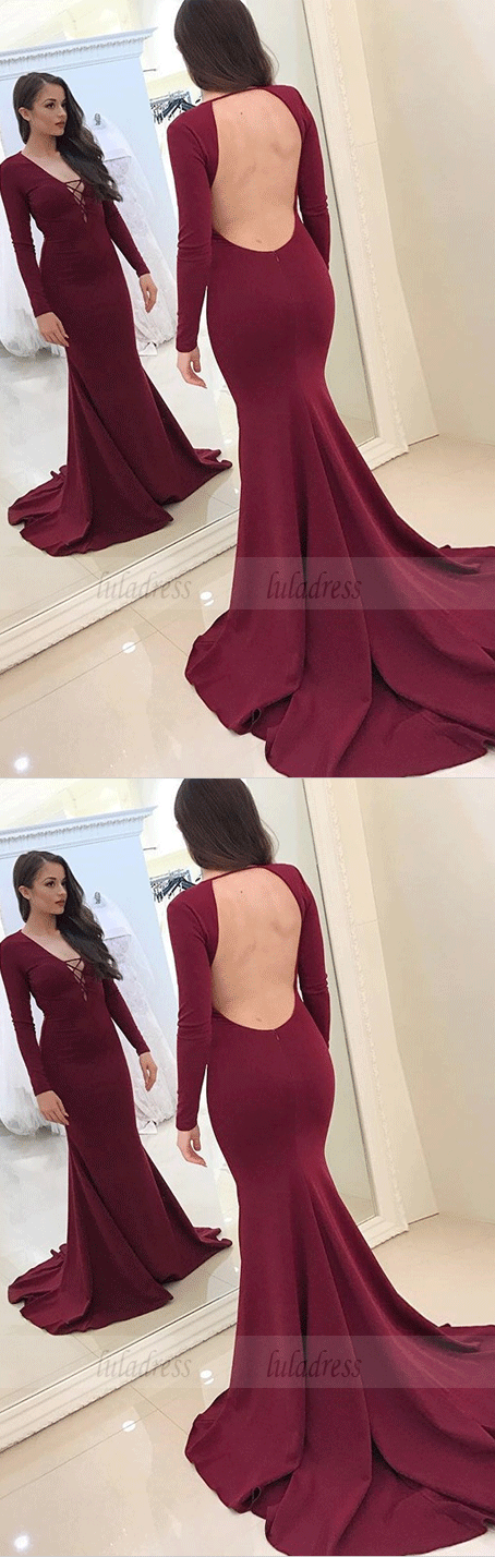 Mermaid Deep V-Neck Backless Sweep Train Burgundy Prom Dress