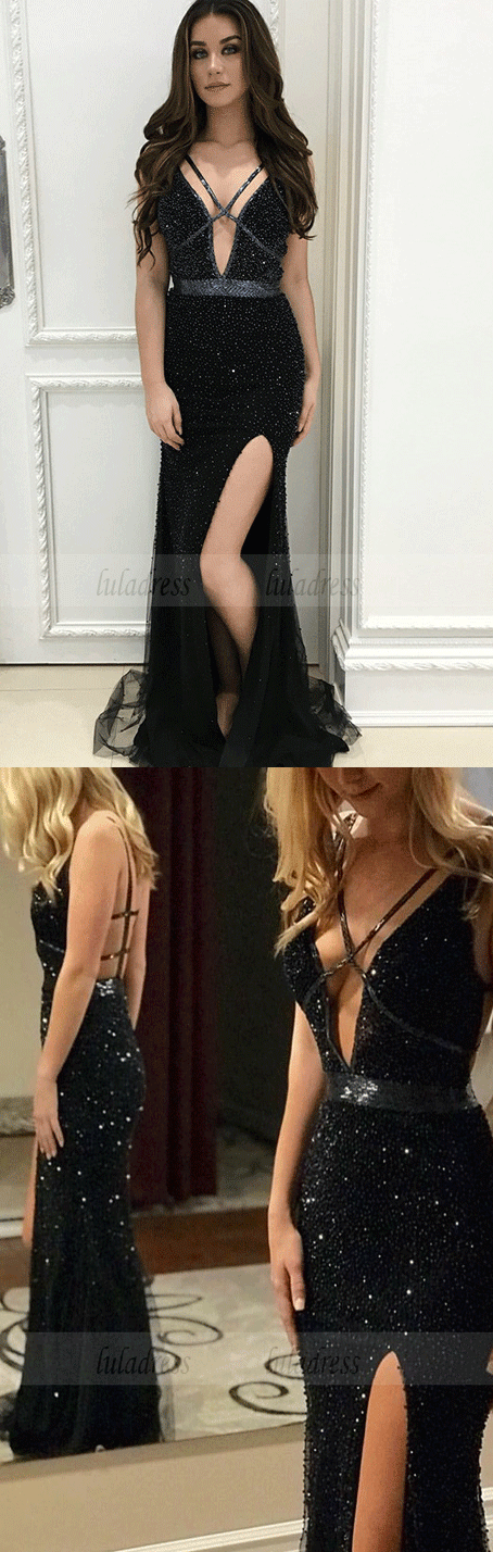 Mermaid V-Neck Floor-Length Black Prom Dress with Sequins Split