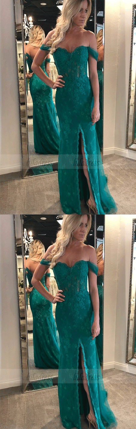 Off-the-Shoulder Long Dark Green Prom Dress with Appliques