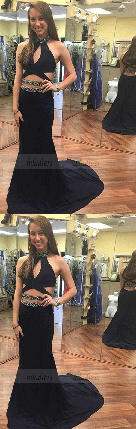 Two Piece Round Neck Sweep Train Prom Dress with Beading