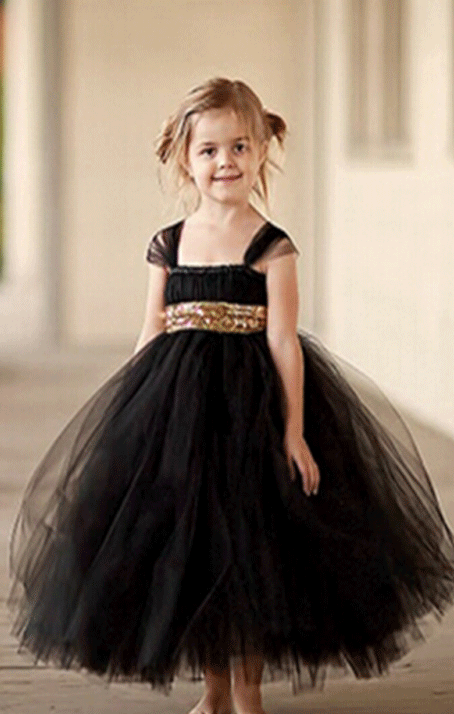 Black and gold flower top girl dresses