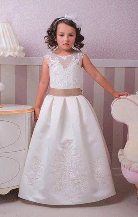 Floor Length Girl Pageant Appliques with Sash Communion Dress Wedding
