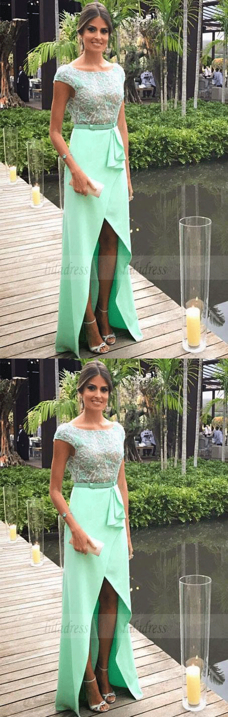 Beading Bodice Backless Prom Long Dresses with Cap Sleeves