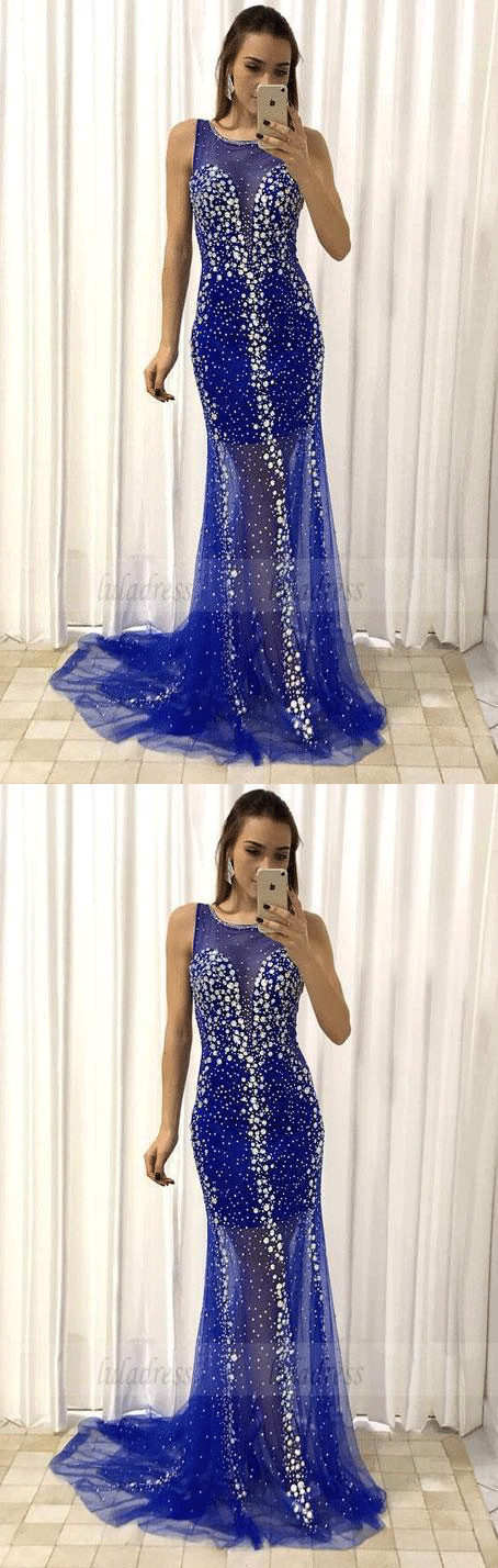 Luxury Crystals Beaded Tulle Mermaid Evening Dress Pageant Prom Gowns
