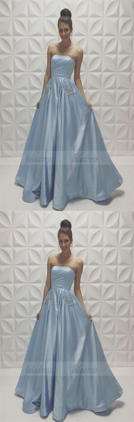 A-line Baby-Blue Sleeveless Strapless Beads Newest Prom Dresses