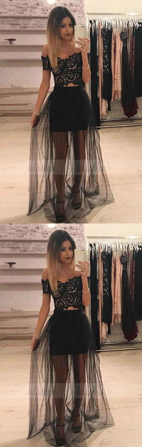 Off-Shoulder Black Tulle 2 Piece Prom Long Dress with Lace